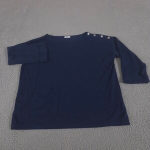 J.Jill Top Women L Navy Blue Pima Cotton Modal Button Shoulder Pocket 3/4 Sleeve